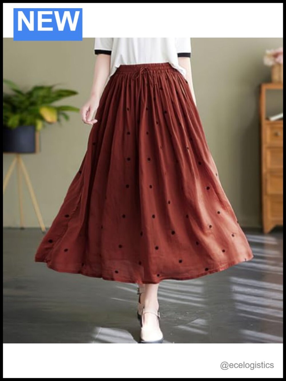 Women's Polka Dot A-Line Midi Skirt Cotton Pleated Boho Swing - Picture 2 of 5